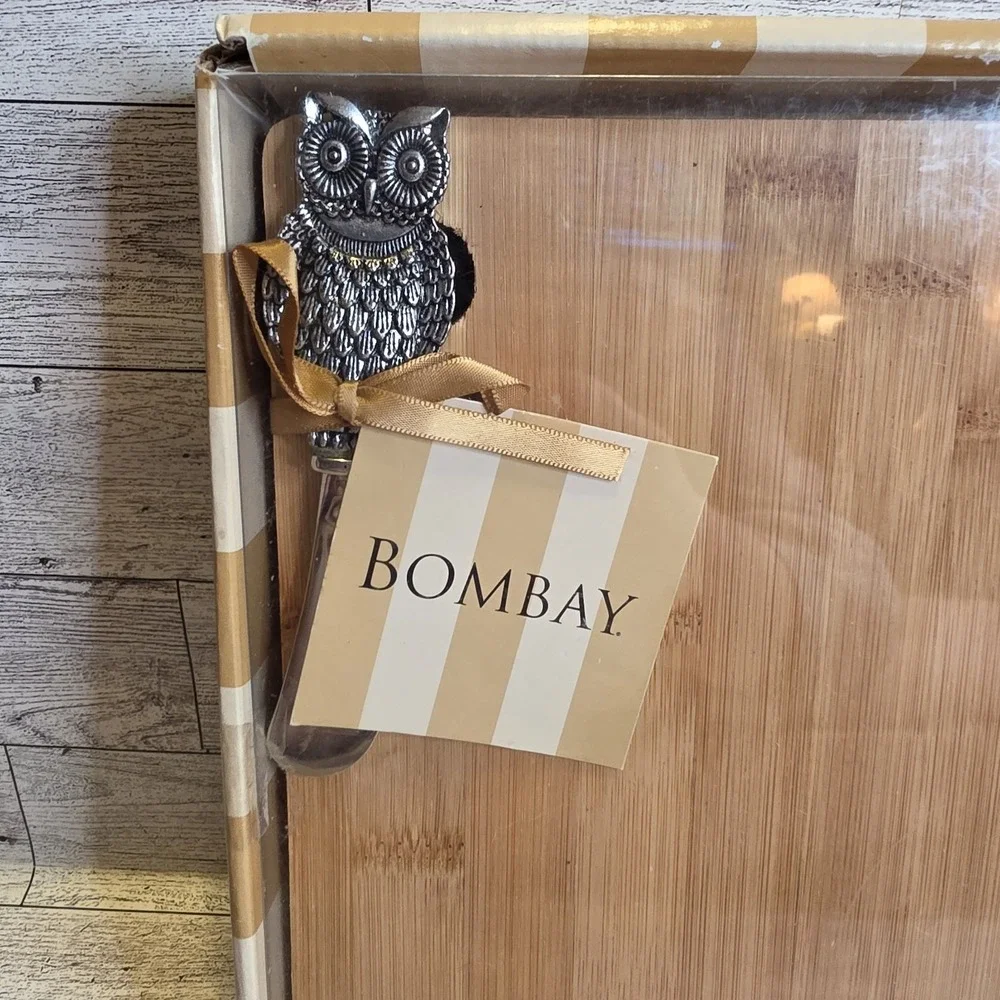 Bombay Bamboo Cheese Board Serving Tray Owl Cheese Knife‎ Gift Set NIB